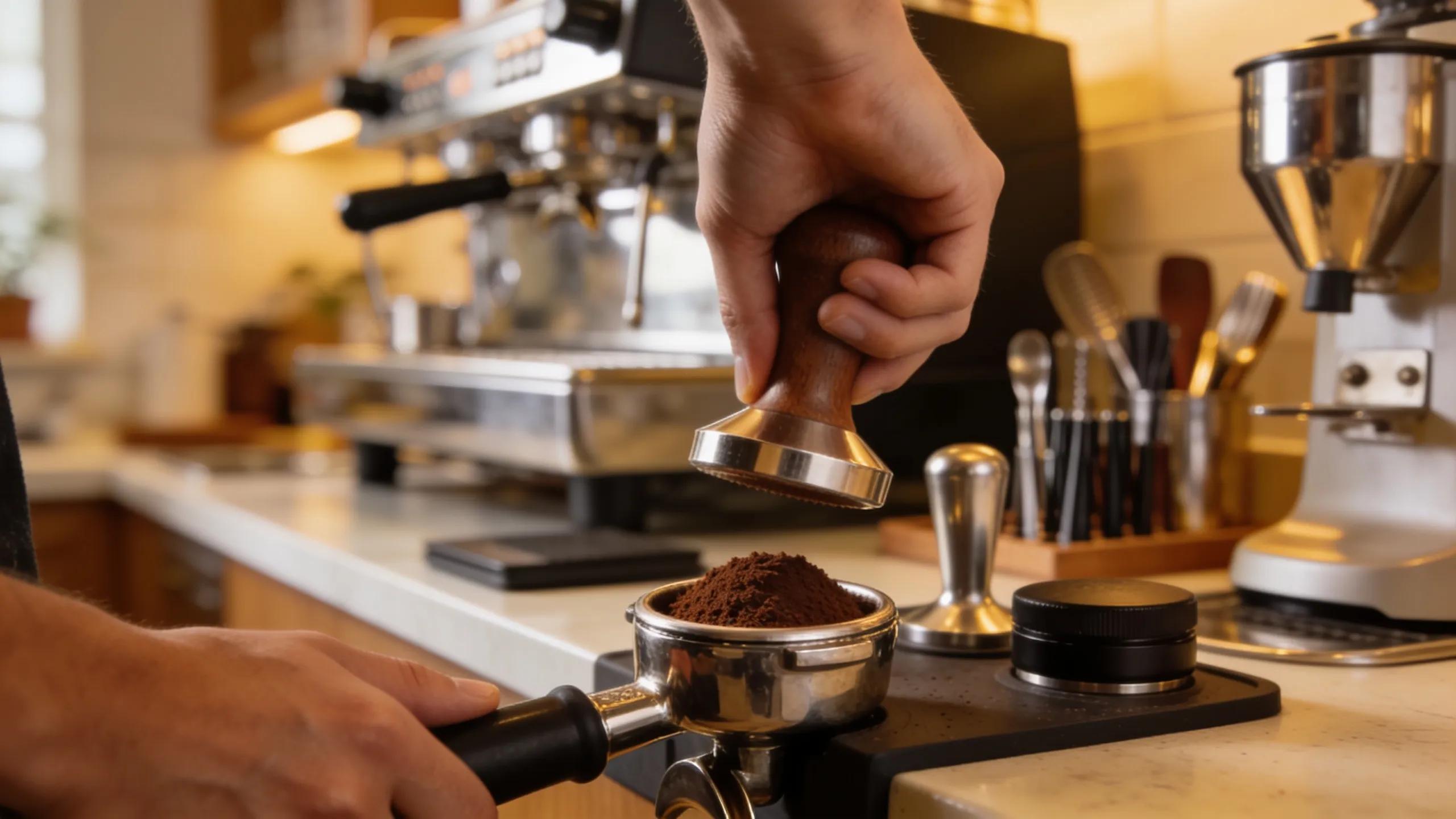Person tamping coffee grounds in a portafilter at a well-organized espresso station