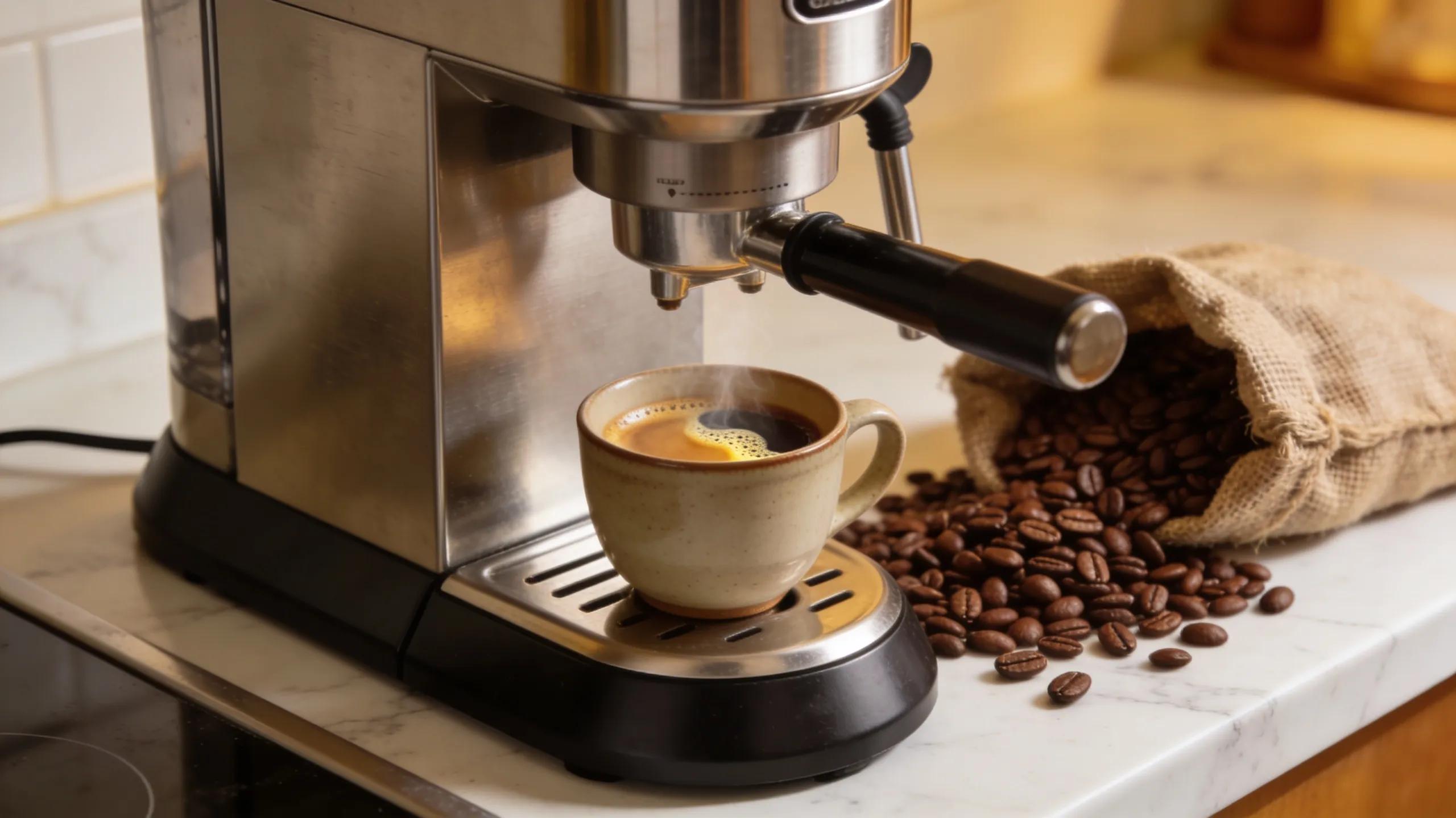 Modern espresso machine on a kitchen countertop with coffee beans and a steaming cup of espresso
